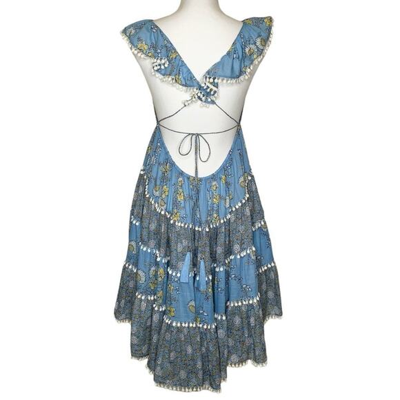 Zimmermann Caravan Tiered Sun Dress Splice Blue Floral Ruffle Pom Pom Trim Mini - Picture 8 of 13